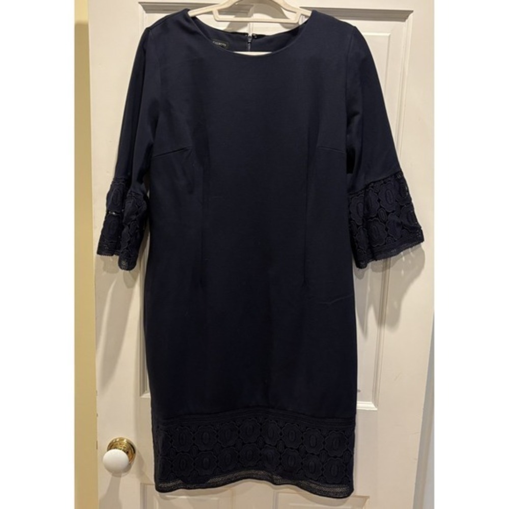 Talbots Women's Dress Navy Blue Lace Crochet Bell Sleeve‎ Sheath Midi Size 14